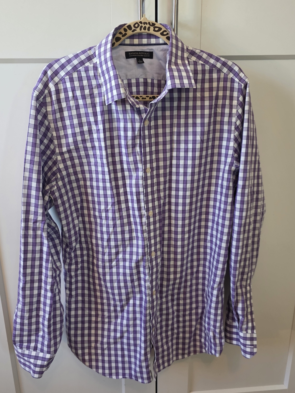 Banana Republic Purple & White Gingham Non-Iron Tailored Slim Fit SZ L